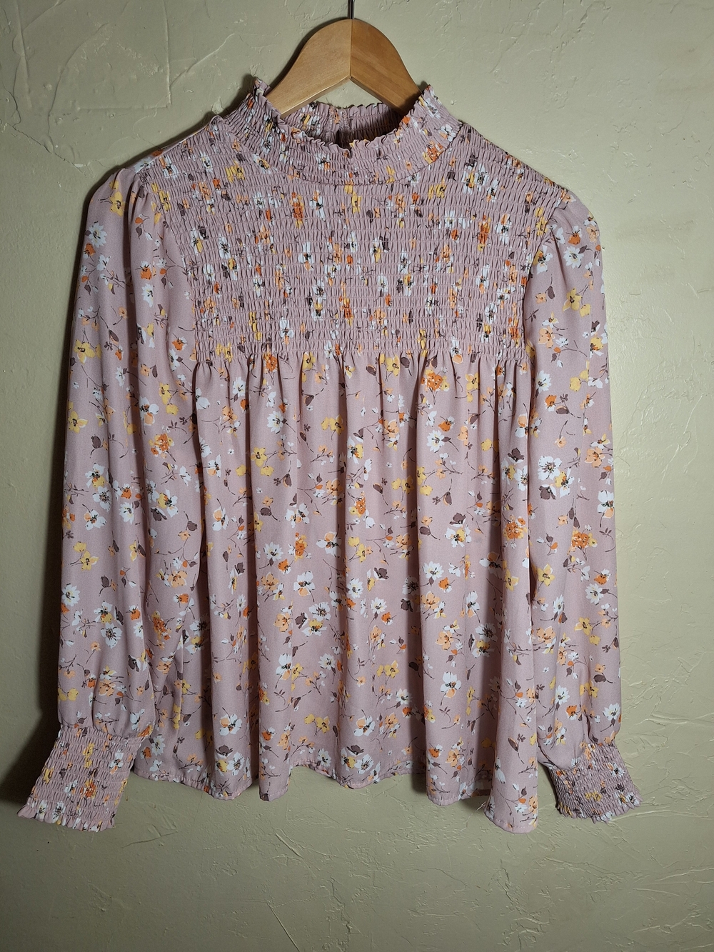 CURE. Women's Floral Smocked Mock Neck Puff Long Sleeve Blouse Top Size L